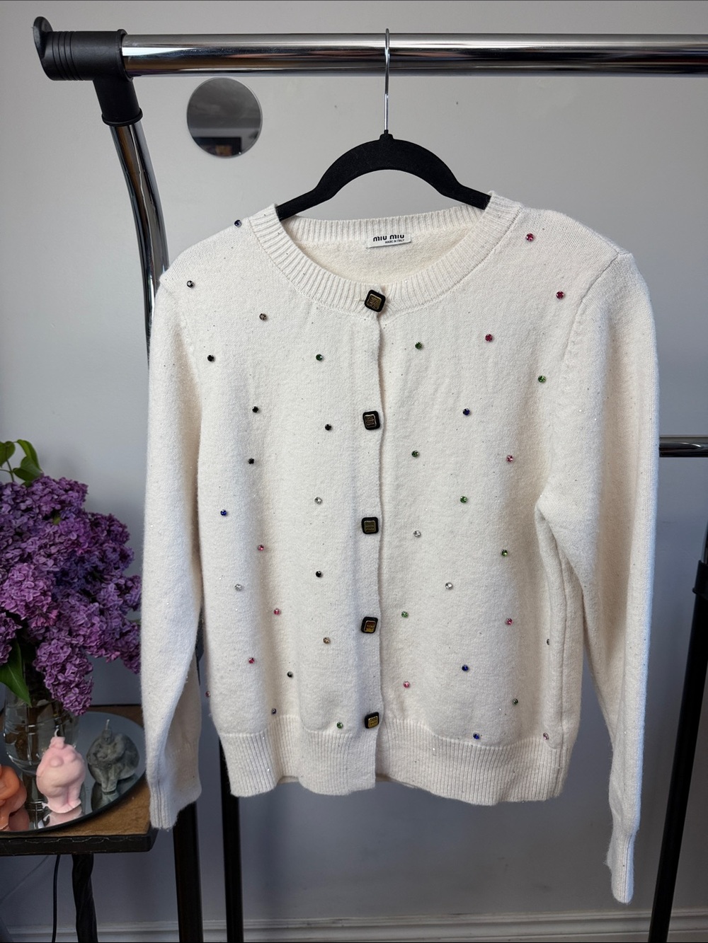 Miu Miu Embellished Crystal Cardigan White Made in Italy Cotton Knit